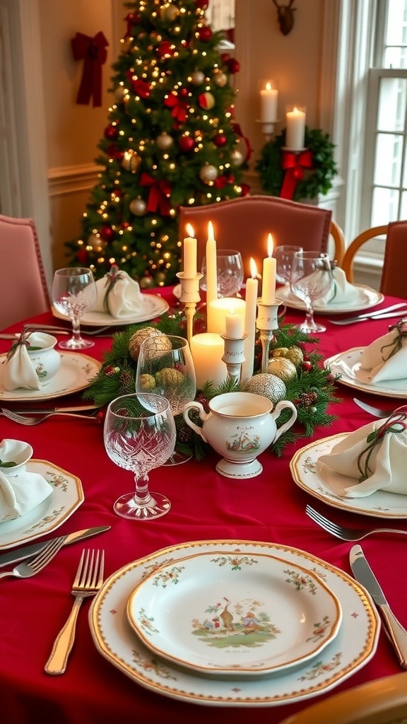 Elegant Christmas table setting with Spode china, red tablecloth, candles, and seasonal decorations.